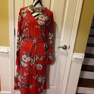 New with tag Misia Red with pink flowers & green leaves long sleeves dress SZ3X
